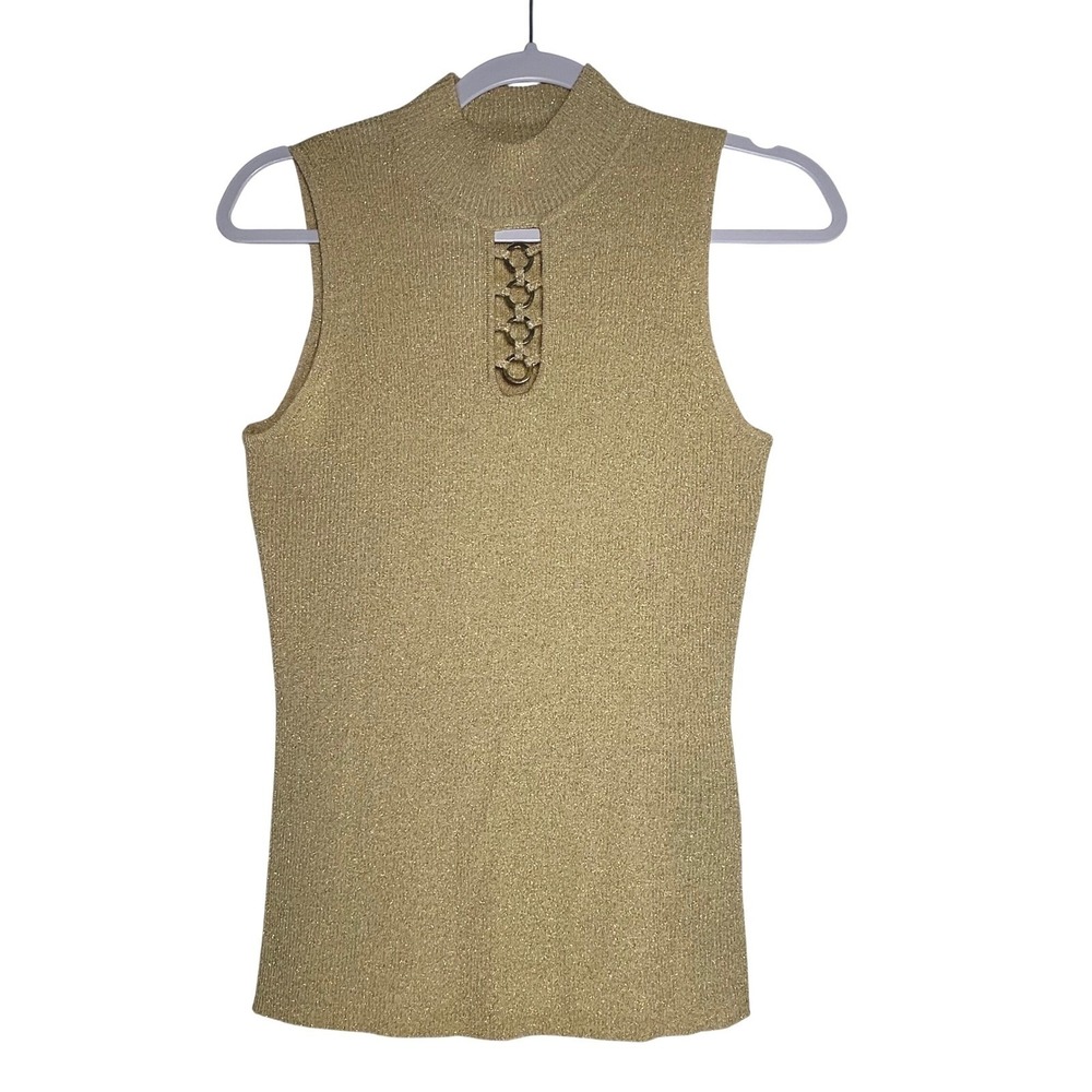 August‎ Silk Knits Gold Metallic Sleeveless Mock Neck Keyhole Ring Top Small